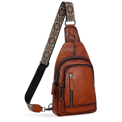 HESHE Leather Sling Bag for Women RFID Crossbody Purse Fanny Pack Chest Bag - color: Brown