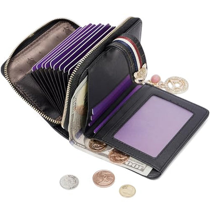FOXLOVER Genuine Leather Zip Small Wallet Women RFID Blocking Credit Card Bifold Wallet Business Card Holder with ID Window(Black) - color: 03-Black