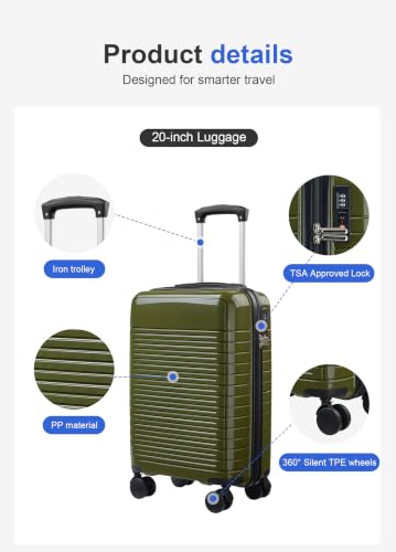5-Piece PP Hard Shell Luggage Set, 20/24/28 Inch Suitcase with Foldable Travel Bag & Toiletry Bag, Dark Green - color: M - Dark Green
