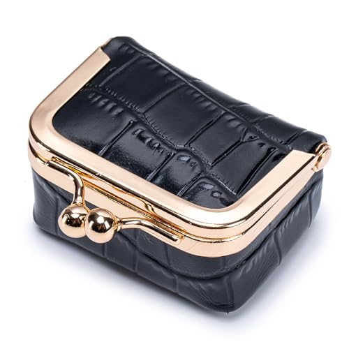 Travel Jewelry Organizer Case, Black Crocodile Pattern Faux Leather, Small Portable Jewelry Box with Kiss Lock Clasp, Rectangular Jewelry Roll for Women, 4 Compartments (Black, S) - color: Black