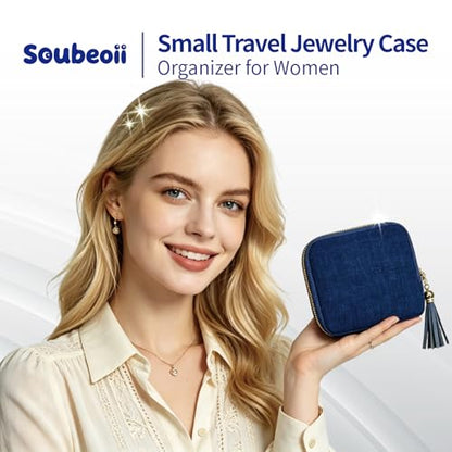 Small Travel Jewelry Case with Earring Box Mini Jewelry Case - color: Navy Blue