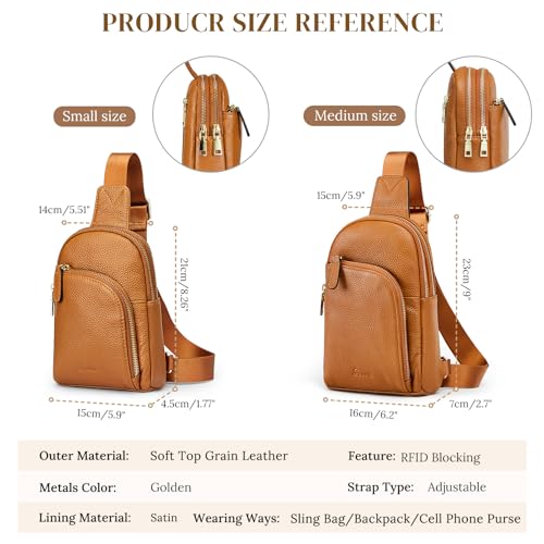 S-ZONE Genuine Leather RFID Blocking Small Sling Bag Women Crossbody Fanny Packs - color: Brown, size: Medium