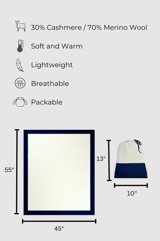 Cashmere Merino Travel Blanket & Pouch 55" x 45" in Gift Box - color: White and Navy