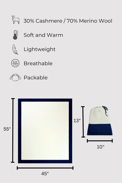 Cashmere Merino Travel Blanket & Pouch 55" x 45" in Gift Box - color: White and Navy