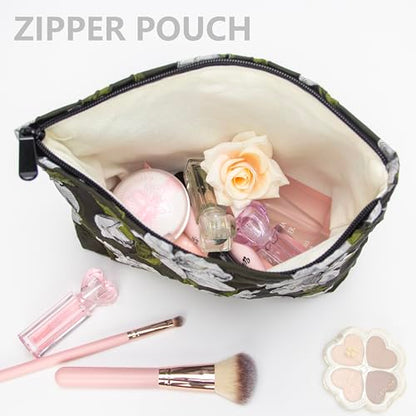 Flat Makeup Bag for Women,Zipper Cosmetic Pouch Purse,Brocade Floral Black - color: Brocade Floral Black