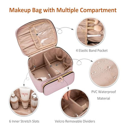 Travel Makeup Bag with Jewelry Organizer, Large Cosmetic Case, Waterproof Toiletry Bag for Cosmetics, Brushes, and Tools, Pink - color: Pink