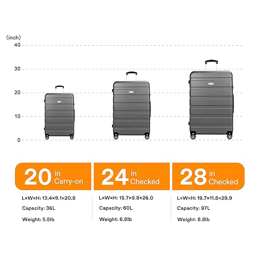 Luggage Sets Hardside Lightweight Suitcase with Spinner Wheels TSA Lock, 3-Piece Set (20/24/28) - color: Silver