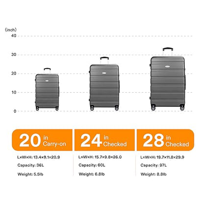 Luggage Sets Hardside Lightweight Suitcase with Spinner Wheels TSA Lock, 3-Piece Set (20/24/28) - color: Silver