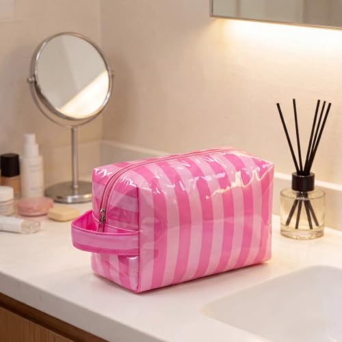PVC Striped Clear Coated Waterproof Makeup Bag(16Pink Striped) - color: 16Pink Striped