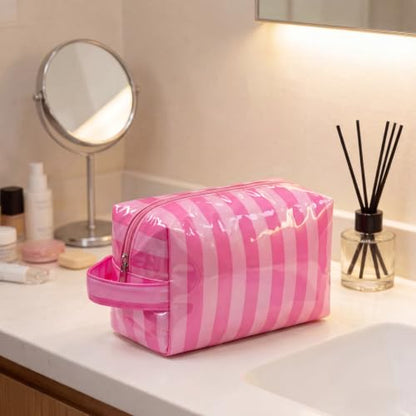 PVC Striped Clear Coated Waterproof Makeup Bag(16Pink Striped) - color: 16Pink Striped