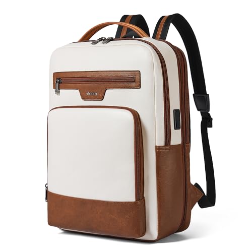 Shrrie 16 Inch Vegan Leather Laptop Backpack for Women and Men - color: Beige With Brown