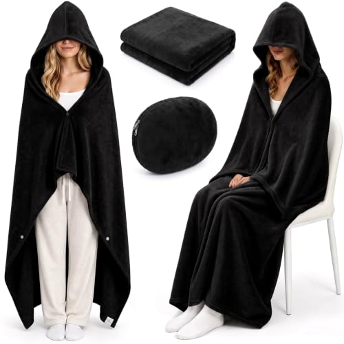 Hooded Blanket for Airplane Travel, Compact Fleece, Black - color: Black