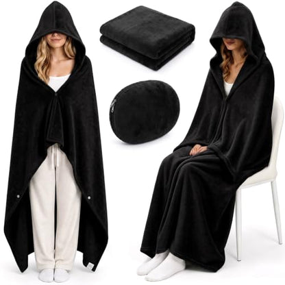 Hooded Blanket for Airplane Travel, Compact Fleece, Black - color: Black