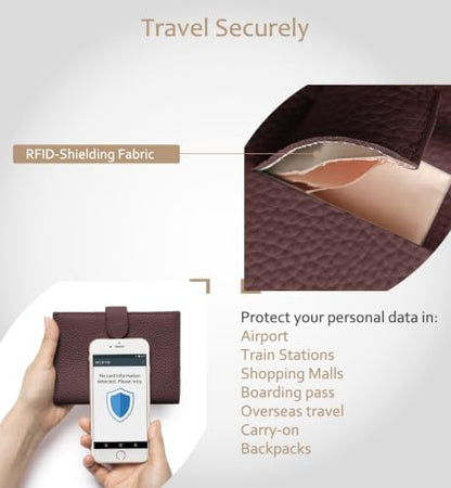 RFID Blocking Passport Wallet for Women, Travel Gift Ready - color: Coffee Brown