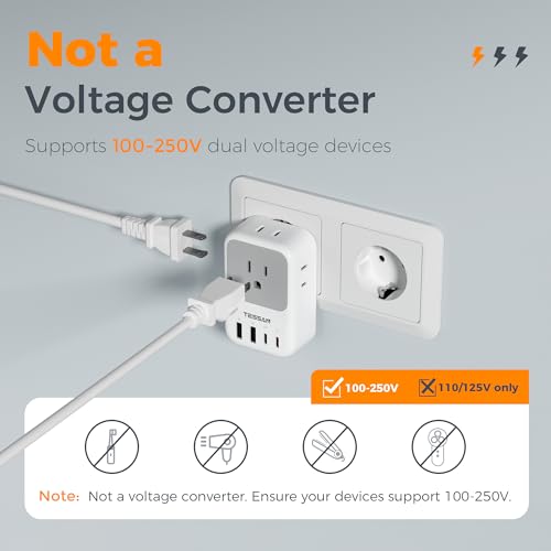 TESSAN US to Europe Plug Adapter, Type‑C Travel Adaptor - style: Type C- Most of Europe