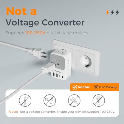 TESSAN US to Europe Plug Adapter, Type‑C Travel Adaptor - style: Type C- Most of Europe