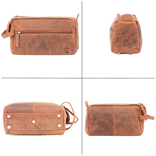 Leather Toiletry Bag – Stylish & Durable Dopp Kit with Water Resistant Lining – Travel Shaving Kit Organizer for Bathroom & Overnight Trips - Great Gift for Men & Women - color: Brown