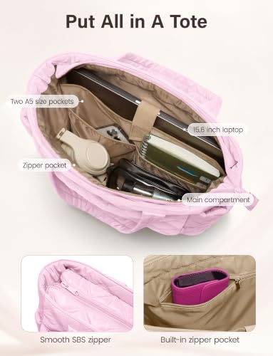 Uselike Tote Bag for Women, Lightweight Puffer Tote Work Bags with Compartments for Travel, Quilted Shoulder Bag with Zipper - color: Cherry Blossom