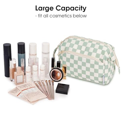 Narwey Travel Makeup Bag Toiletry Bag, Wide Open Cosmetic Bag for Women - color: C-Mint Green Checkerboard, size: Small