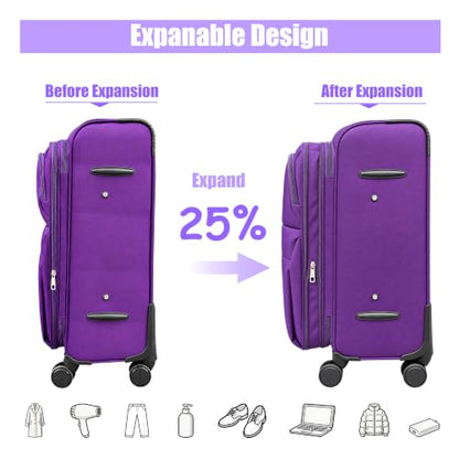 Softside Carry On Luggage Set & Spinner Wheel, Expandable Travel Suitcase - color: Purple