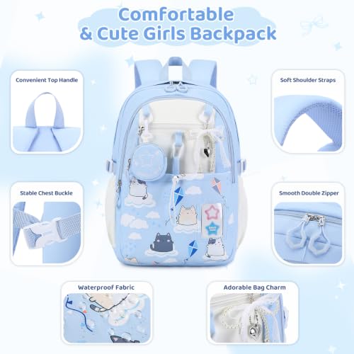 DIGOBAY Backpack for Girls, 5PCS School Bookbag with Lunch Box Pencil Case - color: Blue Cat