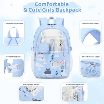 DIGOBAY Backpack for Girls, 5PCS School Bookbag with Lunch Box Pencil Case - color: Blue Cat