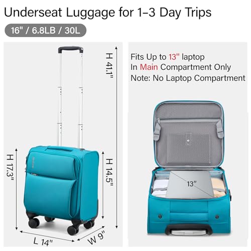 Hanke Underseat Carry On Luggage with Wheels, Small Suitcase, Rolling Bag - color: Caribbean Blue, size: 16 Inch Underseat