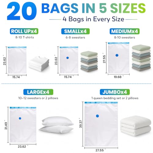 FUNFERY 20 Pack Vacuum Seal Bags for Clothing Travel,Vacuum Storage Bags with Pump,Compressing Packing Bag for Clothes,Blankets,Comforters,Home Storage,Space Saving Bag for Moving Supplies-Combo Set