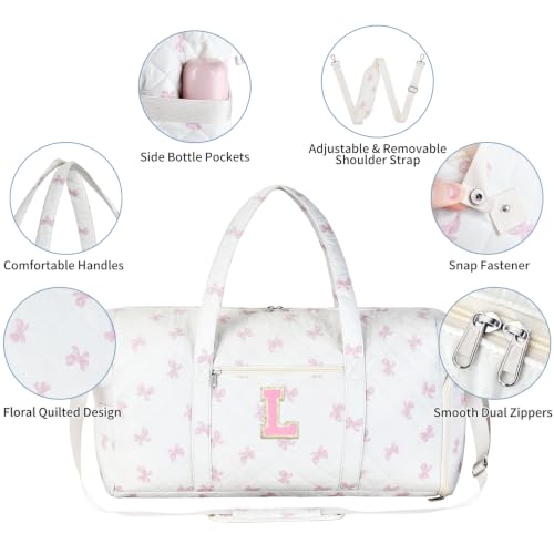 Personalized Quilted Duffle Bag for Travel Gym Weekender Hospital Carry On - color: Pink Bow, size: L