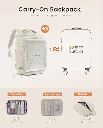 LOVEVOOK Travel Backpack for Women Men, 40L Carry On Travel Backpack - color: Greige, size: 40L-4Pcs