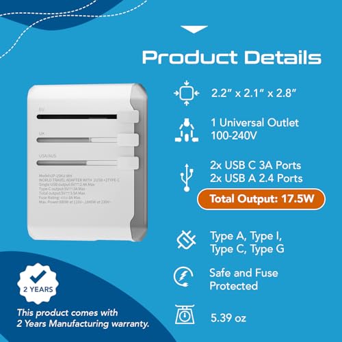 Ceptics 5 in 1 Travel Adapter Worldwide, Universal Socket, 2 USB-A + USB-C - color: White/Silk