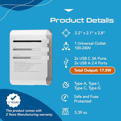 Ceptics 5 in 1 Travel Adapter Worldwide, Universal Socket, 2 USB-A + USB-C - color: White/Silk