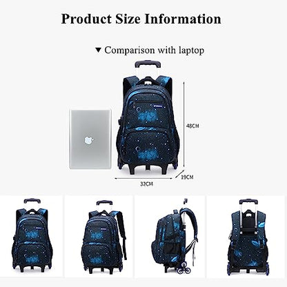 Mildame Geometric Print Rolling Backpack for School Boys Girls with Lunch Bag Teens Bookbag with Wheels Kids Trolley Bag Set, Six Wheels - color: Blue Set-6 Wheels