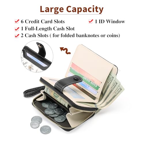 GAEKEAO Womens Wallet Slim Thin RFID Blocking Floral Leather Card Holder Bifold Long Ladies Wallet with Zipper Pocket - color: A02-Black & White