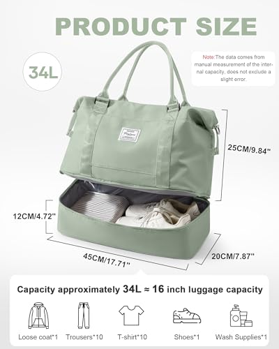 Travel Duffel Weekender Bag Women Tote Carry On Bags With Shoe Compartment - color: H11-BeigeGreen, size: Large