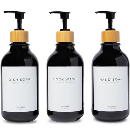 MaisoNovo Refillable Shampoo and Conditioner Bottles| Black Bamboo Set of 3 - color: Black /Bamboo