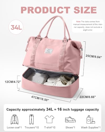 Travel Duffel Weekender Bag Women Tote Carry On Bags With Shoe Compartment - color: H2-Pink, size: Large