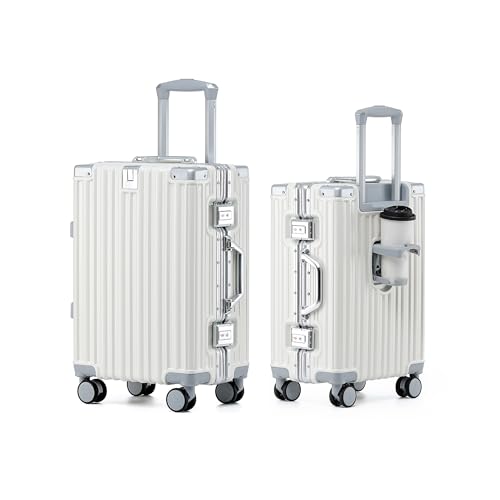 HotWay 26 Inch Checked Zipperless Luggage with Cup Holder,White - color: White (PC+Aluminum), size: Checked in 26inch