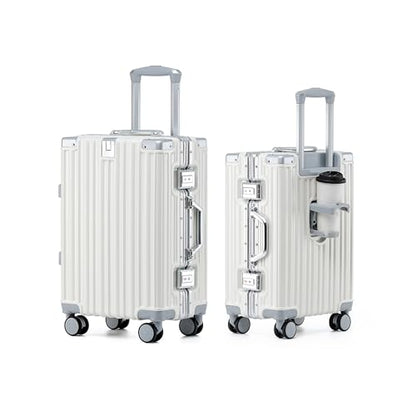 HotWay 26 Inch Checked Zipperless Luggage with Cup Holder,White - color: White (PC+Aluminum), size: Checked in 26inch