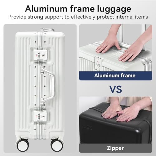 24 Inch Aluminum Frame Luggage with Front Pocket, White - color: White, size: 24 Inch