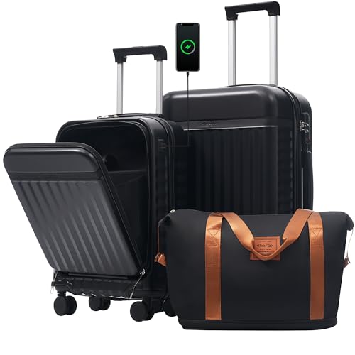 Merax Luggage Sets 2 Piece Front Opening, Hardside 20/24 IN Suitcase - color: Black, style: Luggage Set With Top Open 20
