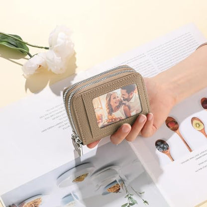 RNIEGA Credit Card Holder Wallet RFID Blocking Leather Small Wallet for Women Double Zipper Wallet with ID Window - color: Beige
