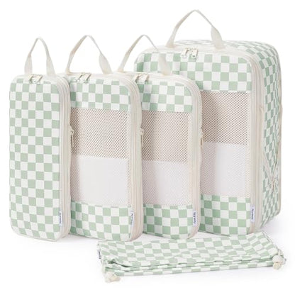 Narwey Compression Packing Cubes for Travel, Cute Luggage Organizer Bags - color: ZZ-Mint Green Checkerboard