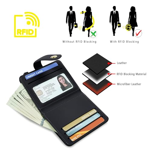 Airkit Small Wallet Women RFID, PU Leather Card Holder with Keychain - color: Black