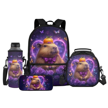 Cute Capybara Backpack for Girls with Lunch Box Set Elementary to Middle School Kids 4-in-1 Back to School Set Lightweight Bookbags for Age 6-8 8-10, Purple Rose Heart Design Back Pack - color: Capybara Glowing Heart