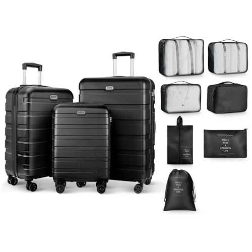 AnyZip Luggage Sets 10 Piece Hardshell Suitcase Set PC ABS Lightweight Travel Suitcases with 4 Double Spinner Wheels TSA Lock 20 24 28 Inch with 7 Storage Bags Black - color: Black, size: 10 piece set (20/24/28 & 7 bags)