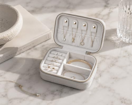 Travel Jewelry Case with Tangle-Free Necklace Holder, Foldable Mirror Brush