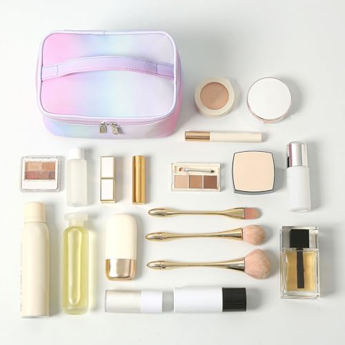 Gradient Travel Makeup Bag for Women, PU Leather Cosmetic Bag, Rainbow Pink - color: RAINBOW PINK