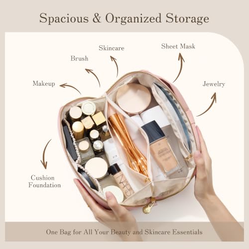 SHOWKOO Cosmetic Bag for Women, WideOpen Travel Makeup Bag with Compartment - color: Pink