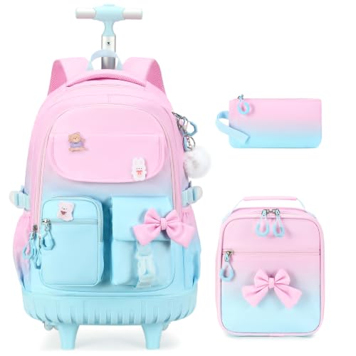 ACESAK Rolling Bow Backpack for Girls with Lunch Bag & Pencil Pouch - color: Pink Blue